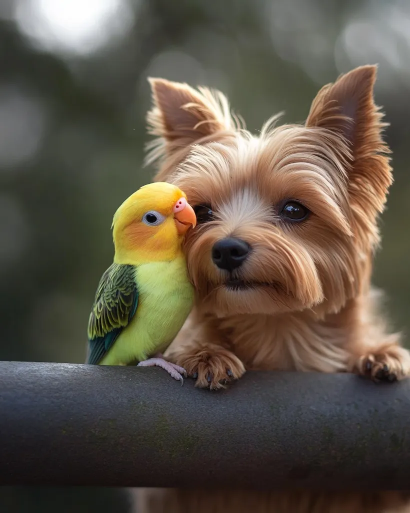 A heartwarming image shows an adorable Yorkshire Terrier and a vibrant yellow and green lovebird perched together on a dark metal bar.  The dog's soft fur contrasts beautifully with the bird's bright plumage.  Both animals appear calm and comfortable in each other's company, showcasing an unlikely yet endearing friendship.  The blurred background enhances the focus on the affectionate pair.