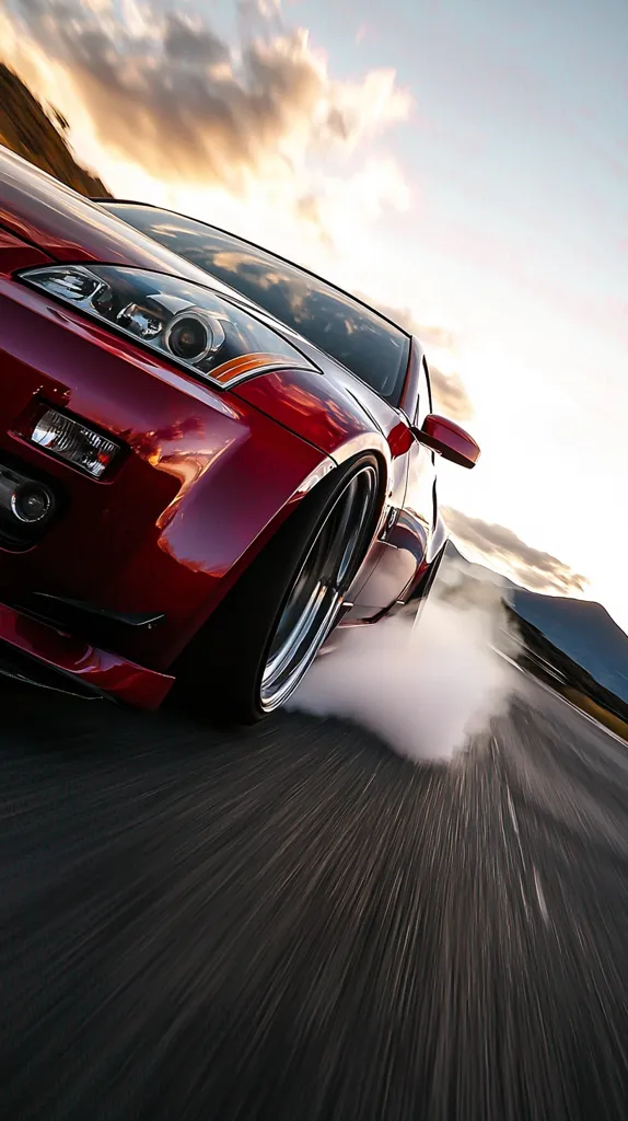 A vibrant red sports car, possibly a Nissan 350Z, performs a dramatic drift on a dark asphalt road.  The car is sharply angled, tires smoking, against a backdrop of a partly cloudy sky and distant mountains.  The image emphasizes speed and motion blur, creating a dynamic and energetic feel. The sunset casts a warm glow on the scene.
