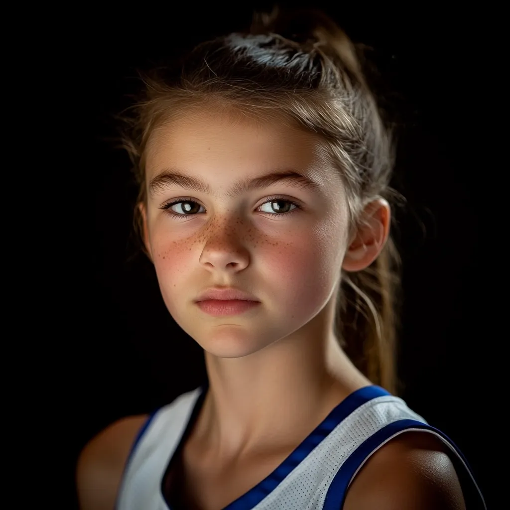 A close-up portrait of a young girl with fair skin. She has light brown hair pulled back in a ponytail. She has a serious expression, with full lips and intense eyes. Freckles dust her cheeks and nose. She is wearing a white sports jersey with blue trim. The background is solid black. The lighting highlights the details of her face and the texture of her skin. Her pose is straight-on, capturing a sense of composure and strength.