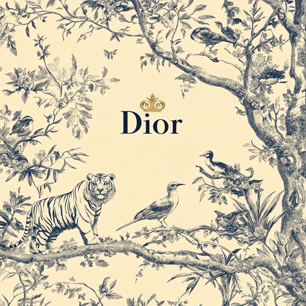 A cream-colored background features a detailed, navy blue and black toile print of lush foliage, birds, and a tiger.  The Dior logo, with its signature crown, is prominently displayed in the center. The intricate design evokes a sense of natural elegance and sophistication, characteristic of the Dior brand.  The style is reminiscent of classic botanical illustrations.