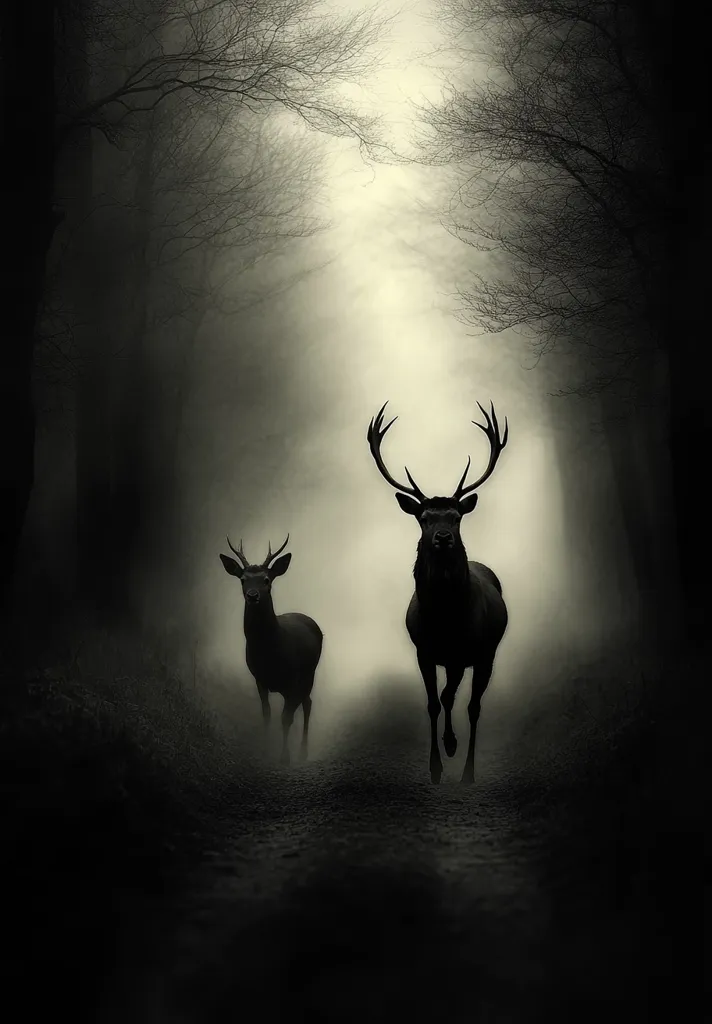 Two majestic deer, silhouetted against a misty forest path, walk towards the viewer.  The larger stag leads, its antlers prominent against the ethereal light filtering through the dark trees. A smaller deer follows closely behind. The monochromatic palette and atmospheric perspective create a dramatic and mystical scene, evoking a sense of mystery and quiet power.
