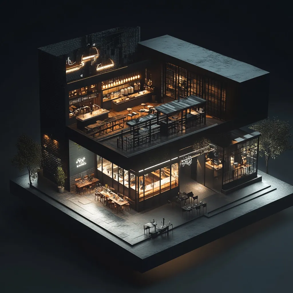 A meticulously detailed isometric rendering showcases a stylish, two-story restaurant.  The dark, industrial-chic design features large windows, exposed brick, and warm interior lighting.  Outdoor seating areas are visible on both levels, complemented by minimalist landscaping. The building is presented as a self-contained cube, emphasizing its architectural integrity and sleek aesthetic.  The overall mood is sophisticated and inviting.