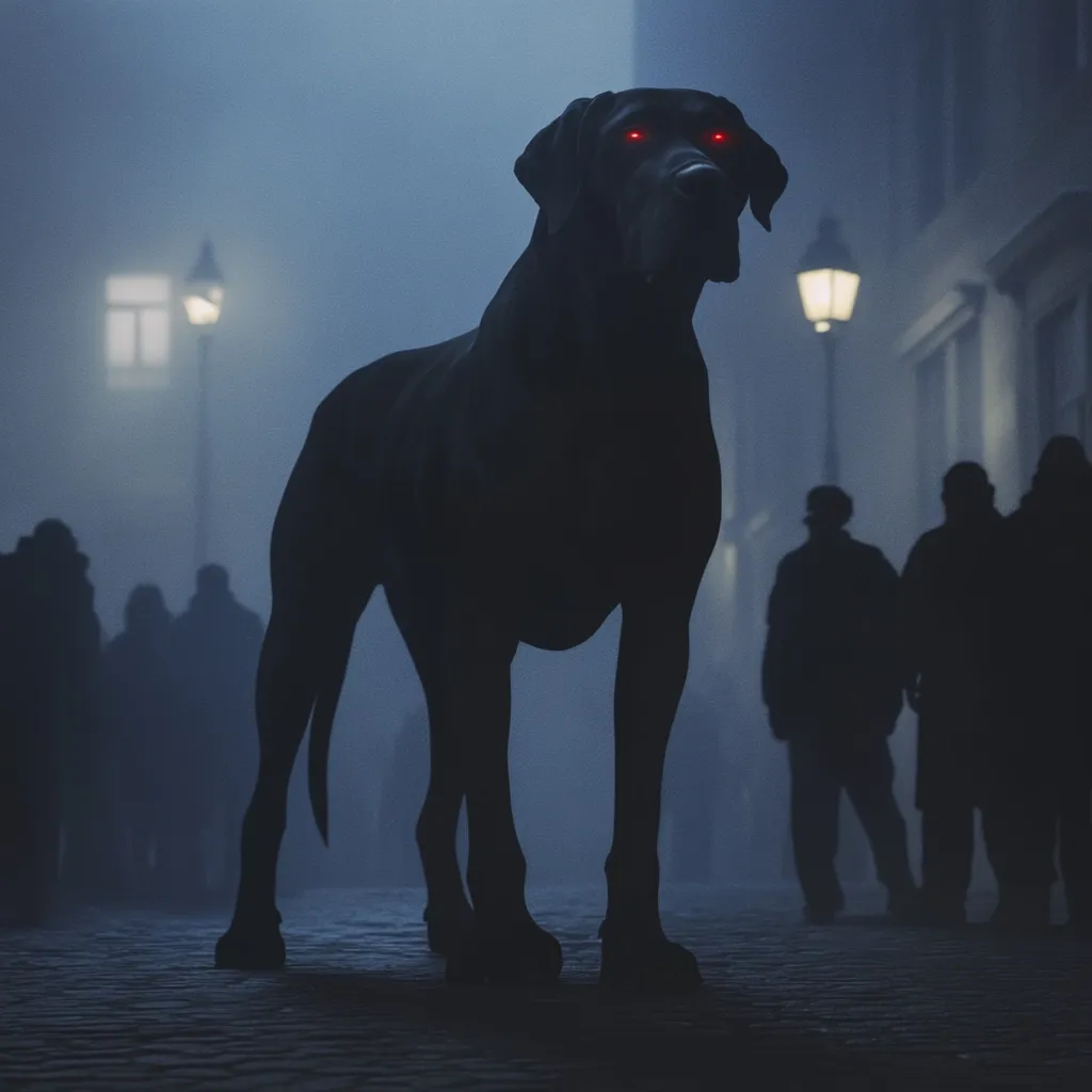 A large, black dog with glowing red eyes stands in the center of a foggy street at night.  Silhouetted figures of people are blurred in the background, adding to the mysterious and eerie atmosphere.  Dimly lit street lamps cast a weak light, highlighting the dog's menacing presence. The scene evokes a sense of unease and suspense.