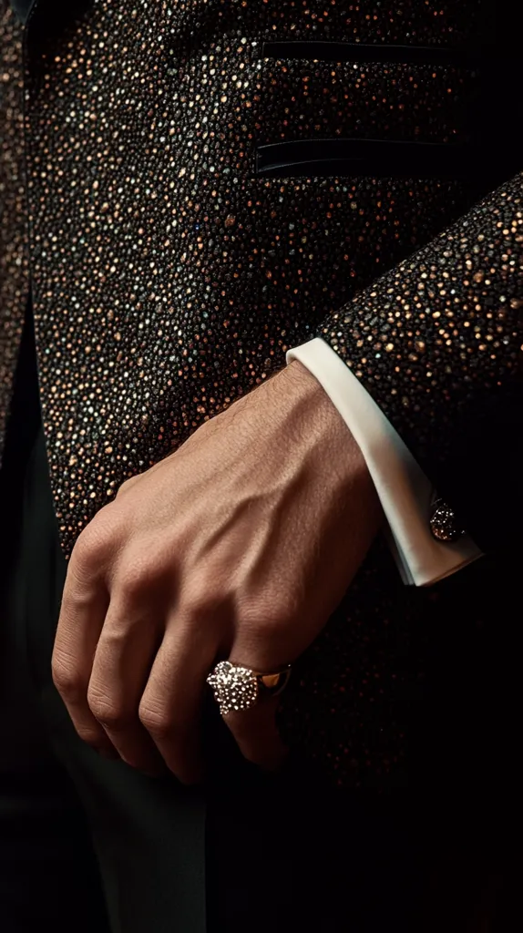 Close-up of a man's hand wearing a silver ring.  The hand is resting on a dark, sparkly tuxedo jacket. The jacket's fabric is densely covered in small, glittering particles, creating a luxurious, textured appearance. The cuff of the shirt is white and crisp, contrasting with the dark suit.  The overall image is stylish and sophisticated.