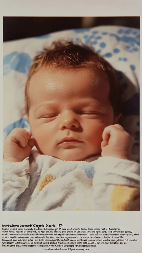 A close-up photograph captures a sleeping newborn baby, Leonardo Capri Diprio, in 1974.  The infant is nestled in a light blue patterned blanket, his face serene and peaceful.  Soft sunlight illuminates the baby's features, highlighting his delicate skin and fine hair.  The image evokes a sense of tenderness and the quiet joy of new parenthood.
