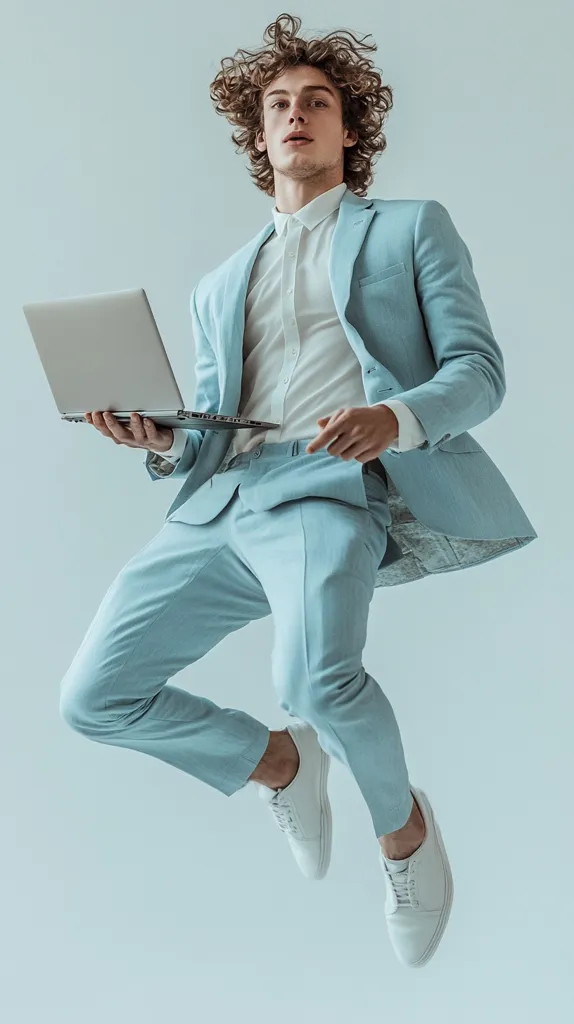 A young man with curly hair leaps in mid-air, holding a laptop. He's dressed in a light blue suit and white sneakers, exuding a stylish and energetic vibe.  The background is a muted blue, emphasizing the subject's dynamic pose and contemporary attire. The overall image suggests a feeling of youthful success and mobility.