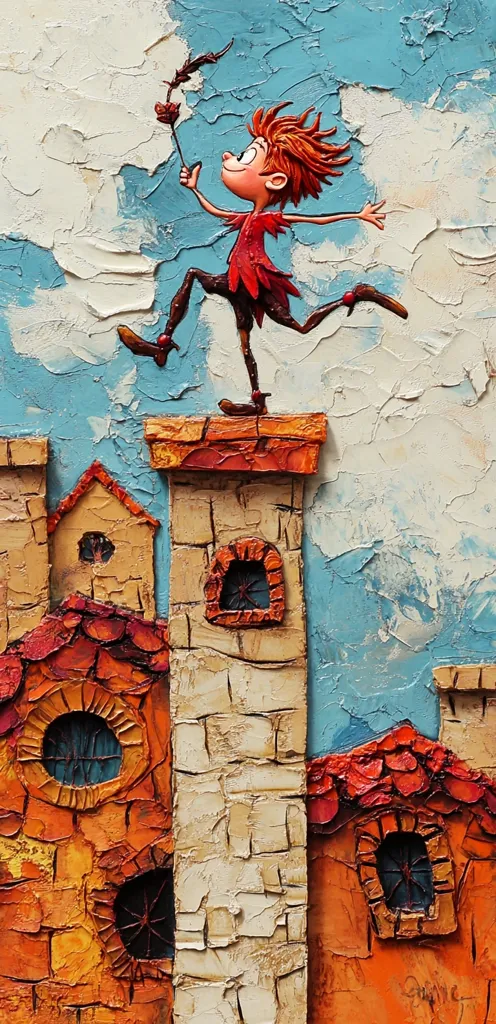 A whimsical painting depicts a red-haired boy joyously leaping across rooftops. He holds a flower aloft, against a textured, cloudy sky.  The buildings are rendered in warm, earthy tones, with a heavy impasto technique creating a three-dimensional effect. The scene is playful and fantastical, suggesting a childlike sense of wonder and adventure.