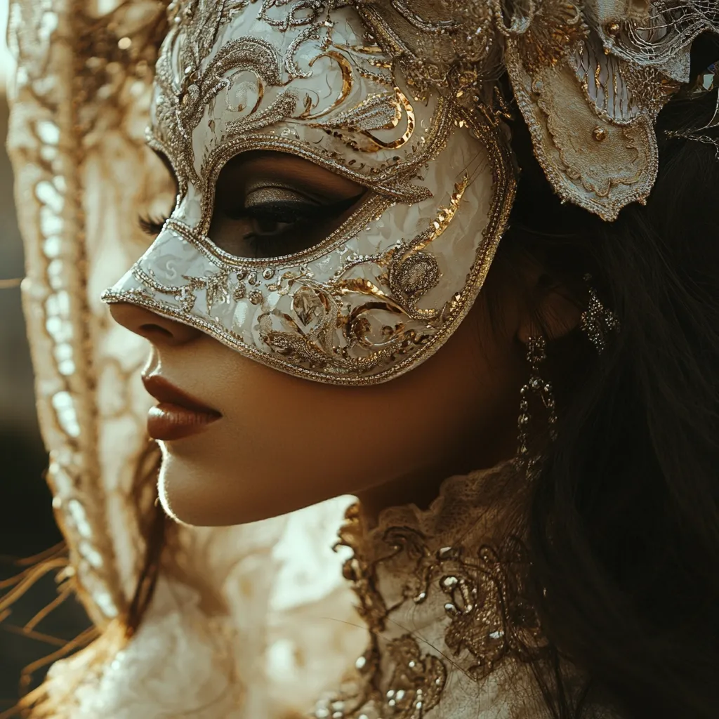 A woman's profile is partially obscured by an ornate, off-white Venetian mask embellished with gold detailing.  Her dark hair cascades down, and she wears a matching elegant, lace-trimmed garment. The mask's intricate design and the soft lighting create a mysterious and captivating image, evoking a sense of old-world romance and intrigue. The overall aesthetic is luxurious and timeless.