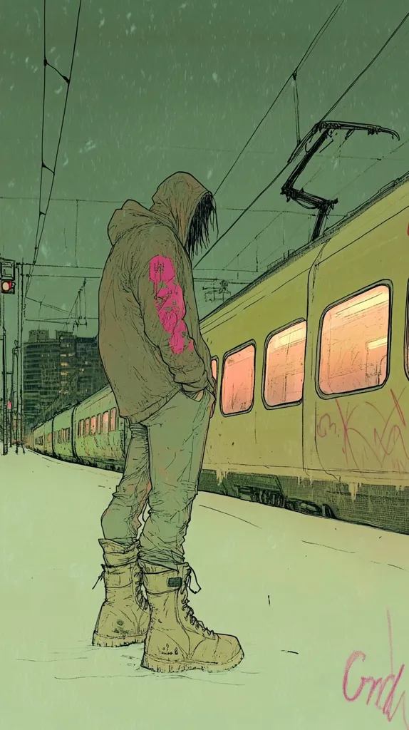 A stylized illustration depicts a lone figure, hooded and clad in heavy boots and loose clothing, standing on a snowy platform beside a train.  The muted green and beige palette creates a melancholic atmosphere.  The train's windows glow faintly, suggesting warmth within, contrasting with the cold exterior.  The overall mood is one of quiet solitude and perhaps waiting.