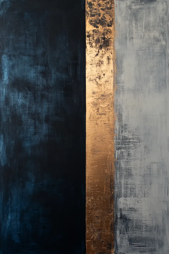 An abstract painting is divided into three vertical sections.  The leftmost section is a dark teal, almost black, with a textured, slightly distressed finish.  A central, narrow band of gold leaf adds a metallic contrast. The right section is a light gray with a similar textured application, appearing slightly lighter and more opaque than the teal.  The interplay of color and texture creates a sophisticated, minimalist aesthetic.