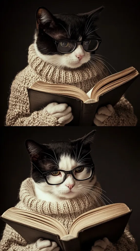 A charming tuxedo cat, adorned in a beige turtleneck sweater and spectacles, is engrossed in reading an open book.  The cat's focused expression and the cozy setting create a humorous and endearing image, suggesting a studious feline enjoying a moment of quiet reading. The scene is repeated, mirroring the cat's dedicated posture and the book's presence.