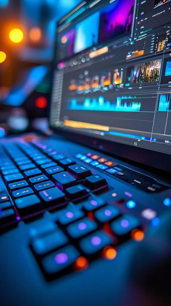 A close-up shot reveals a laptop keyboard bathed in vibrant blue and purple light.  The screen displays a video editing interface, showcasing colorful waveforms and video thumbnails. The scene suggests a professional video editing or audio production environment, emphasizing the technological aspects of digital content creation.  The blurred background hints at a nighttime setting.