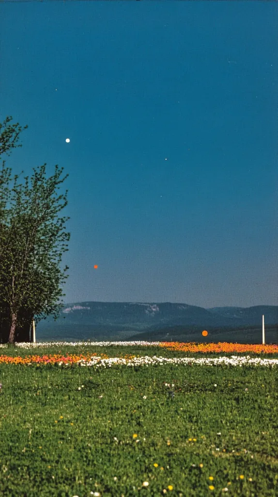 A vibrant field of wildflowers stretches across the foreground, a mix of white, orange, and red blooms.  A lone tree stands to the left, silhouetted against a clear, deep blue sky.  In the distance, rolling hills are visible under a twilight sky dotted with a few bright celestial objects. The scene is serene and peaceful, bathed in the soft light of dusk.
