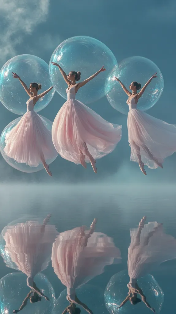 Three ballerinas in pale pink tutus gracefully leap through transparent bubbles floating above serene, still water.  Their reflections mirror their ethereal movements, creating a dreamlike, symmetrical scene. The sky is a soft blue, enhancing the magical atmosphere.  The image is a study in elegance and surreal beauty.