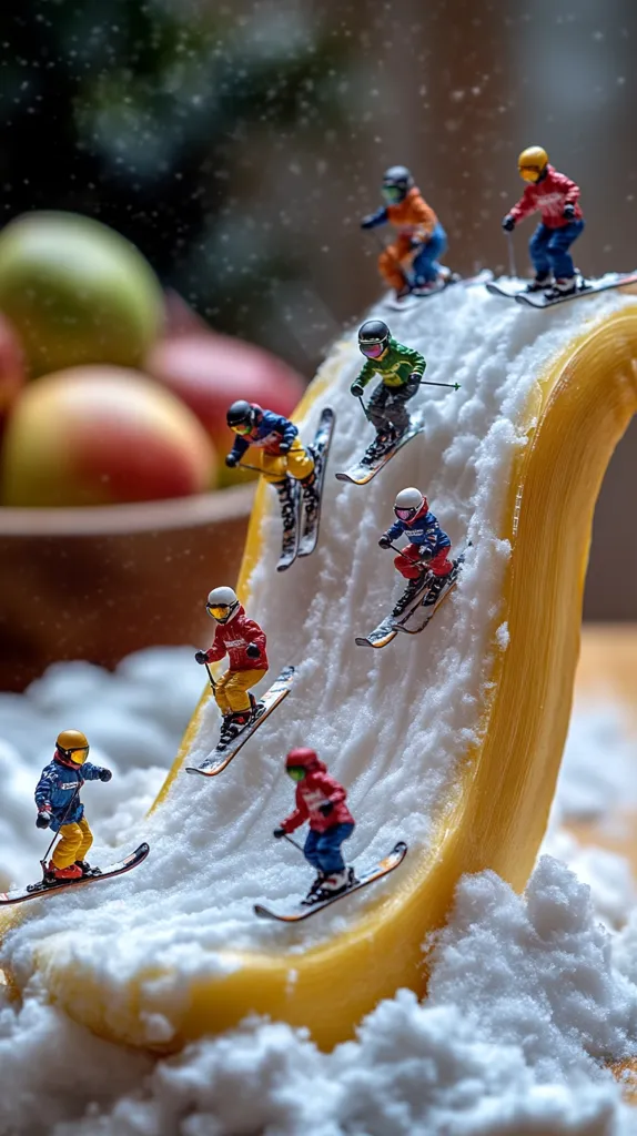 Miniature skiers descend a snowy slope sculpted from a curved piece of yellow fruit, possibly a mango or papaya.  The skiers, in colorful outfits, navigate the powdery surface with tiny skis.  Blurred apples sit in the background, suggesting a playful, whimsical scene.  The overall effect is a charming and creative miniature world.