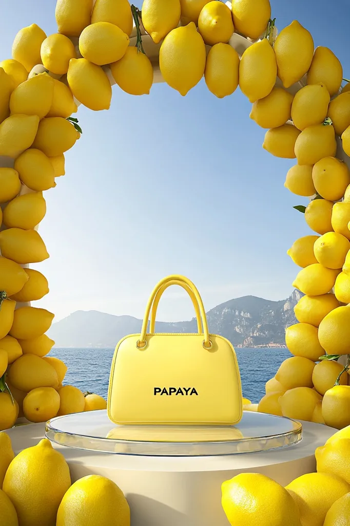 A vibrant yellow handbag, branded "PAPAYA," sits on a clear glass pedestal.  It's encircled by a stunning arch of ripe lemons against a backdrop of a sunny seascape and distant mountains. The scene is bright, cheerful, and suggestive of summer and fresh citrus. The image is a stylish product shot, emphasizing the bag's color and the brand name.