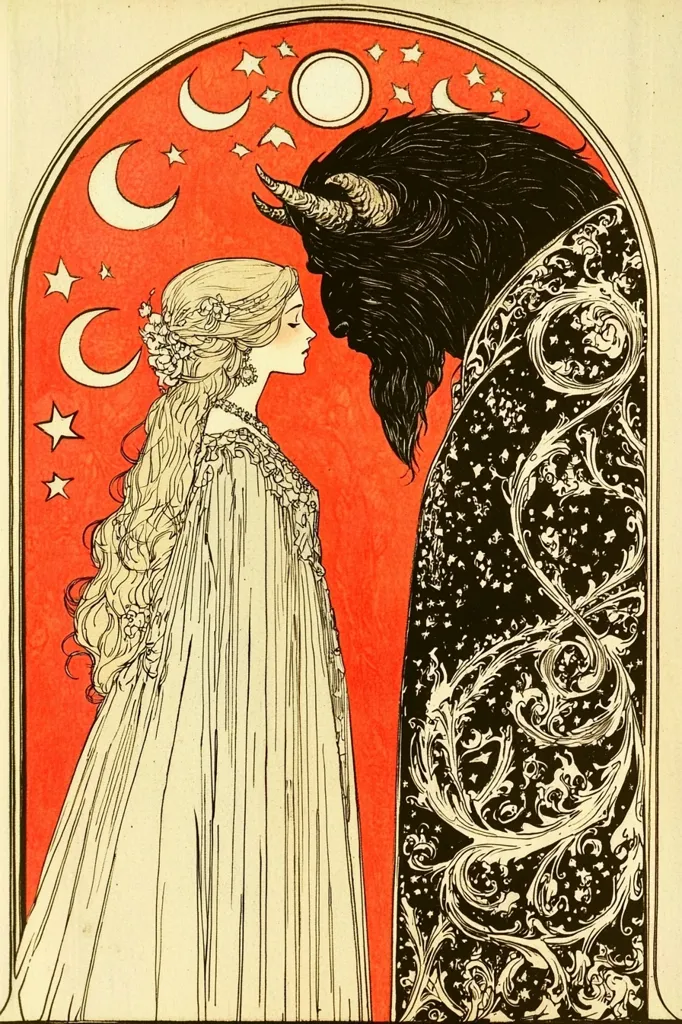 A romantic illustration depicts a princess and a beast.  The princess, with flowing blonde hair, stands in an elegant gown against a vibrant orange background speckled with stars and crescent moons.  The beast, dark and imposing with horns, is adorned in an ornate, dark garment.  Their faces are close, suggesting a tender moment, possibly from a fairytale.  The art style is reminiscent of Art Nouveau, with flowing lines and decorative details.