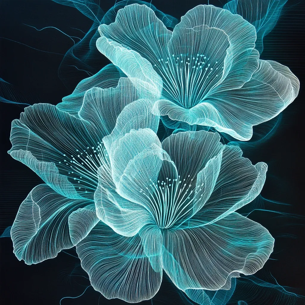 A striking artwork depicts three ethereal flowers in shades of teal against a dark background.  The flowers are rendered with delicate, linear detail, giving the impression of translucent petals.  The lines create a sense of depth and movement, making the blooms appear almost luminescent. The overall style is elegant and sophisticated, with a touch of surrealism.