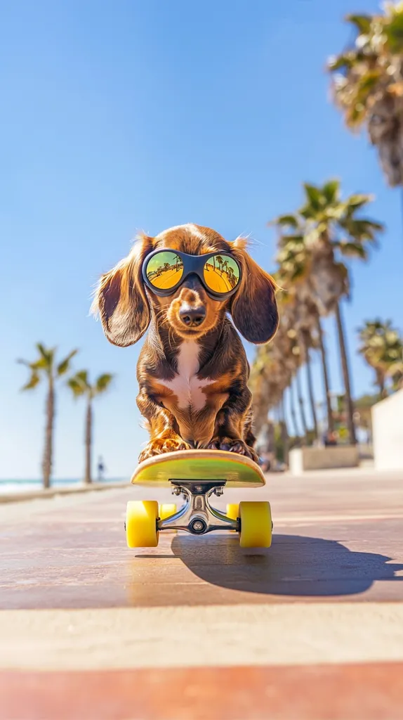 A long-haired dachshund, wearing mirrored sunglasses, sits on a yellow and green skateboard.  The dog is positioned on a boardwalk, with palm trees and a sunny beach in the background. The scene is bright and cheerful, suggesting a fun, summery day. The dog appears relaxed and stylish, enjoying its ride.