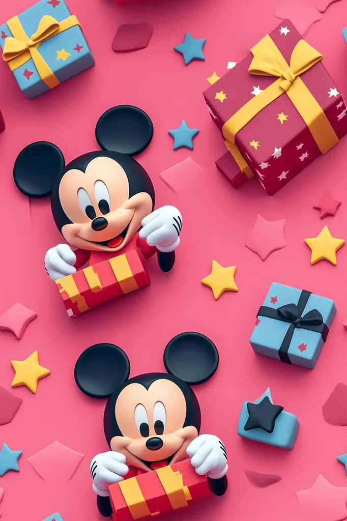 Two adorable Mickey Mouse characters are nestled amongst colorful presents and stars on a vibrant pink background.  Each Mickey holds a striped gift box.  The scene is cheerful and festive, perfect for a birthday or celebratory theme.  The 3D-rendered style gives the image a playful and modern feel.  Small, scattered shapes add to the celebratory atmosphere.