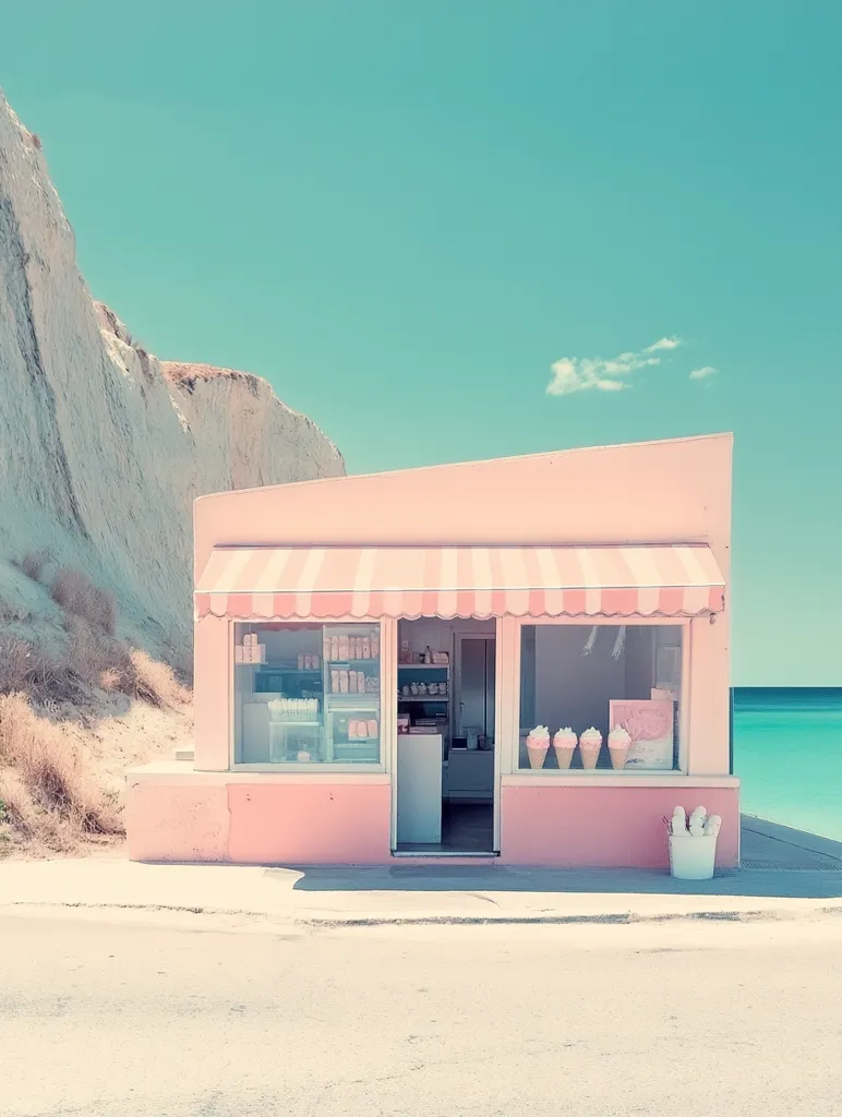 A pastel pink ice cream kiosk sits on a coastal road, a stark white cliff behind it.  The awning is striped pink and white.  The shop's windows display ice cream cones and other treats.  A turquoise ocean is visible in the background under a clear, light blue sky.  The overall scene is serene and idyllic.