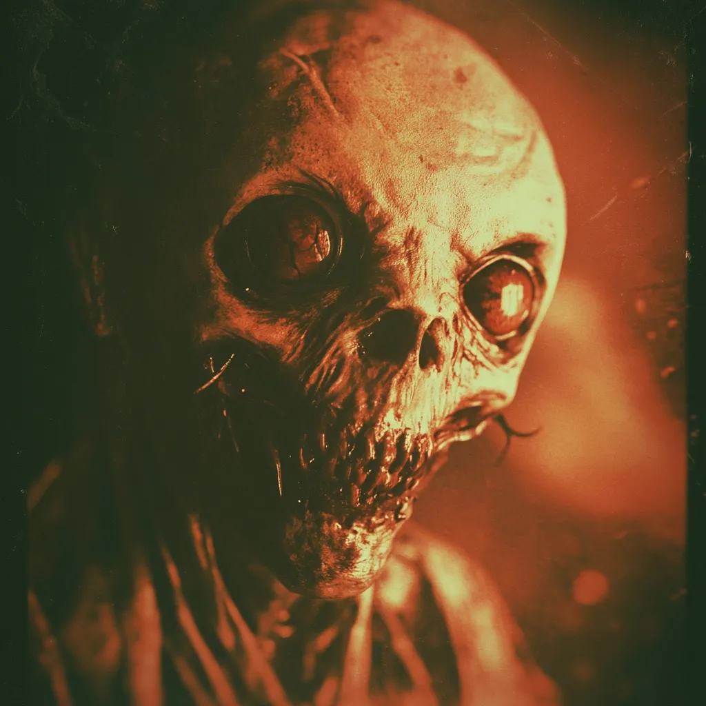 A close-up of a horrifying, skeletal creature. Its exposed skull is orange-tinged, with large, unsettling eyes.  The creature's decaying flesh hangs loosely, revealing a grotesque grin filled with pointed teeth. The overall image is dark and unsettling, with a fiery, hellish backdrop enhancing the disturbing effect. The creature’s appearance evokes fear and revulsion.