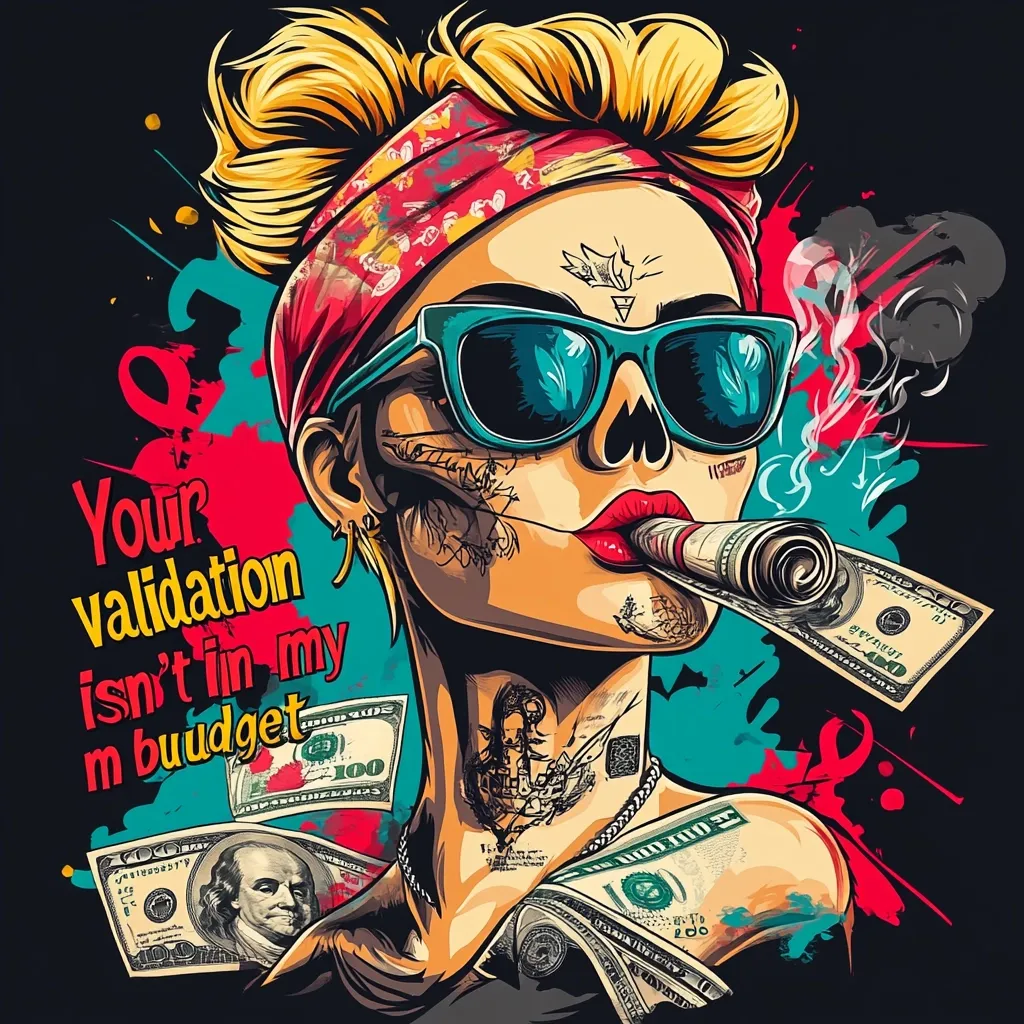 A stylized illustration depicts a tattooed woman with blonde hair, a red bandana, and teal sunglasses.  She smokes a cigar rolled in a hundred-dollar bill, surrounded by more cash.  The text "Your Validation Isn't In My Budget" emphasizes her self-reliance and disregard for external approval.  The vibrant colors and bold lines create a powerful and rebellious image.