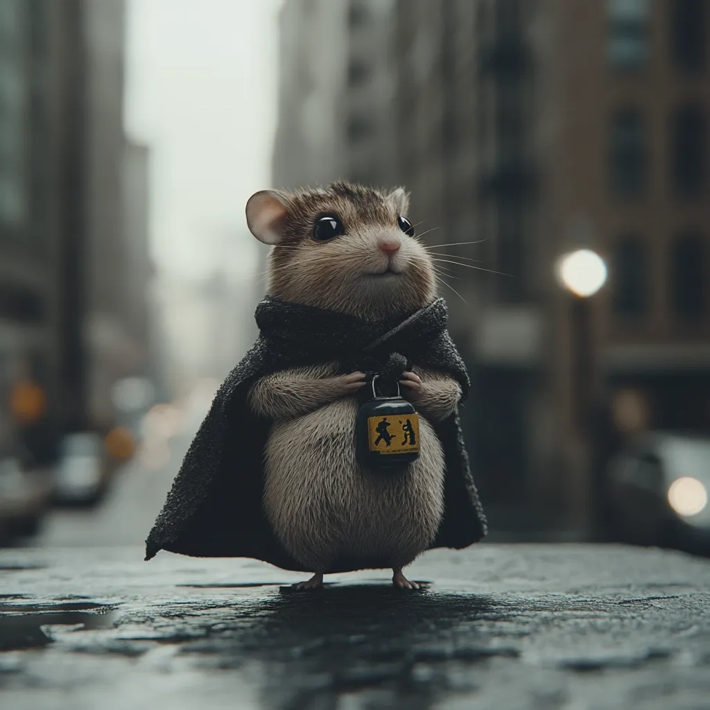 A fluffy hamster, wearing a dark gray cloak, stands on a wet city street.  It holds a small, yellow bell with indistinct symbols. The background is a blurred cityscape of tall buildings and muted colors, suggesting a rainy day. The hamster appears dignified and slightly melancholic, its gaze directed to the right.  The overall image creates a whimsical and slightly surreal atmosphere.