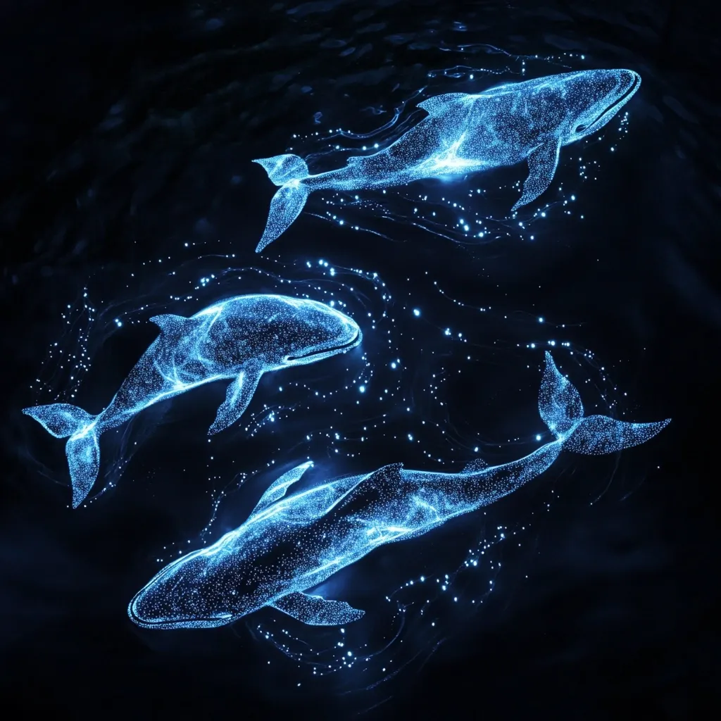 Three whales, rendered in shimmering, luminous blue particles, gracefully swim in dark water.  Their forms are ethereal, almost spectral, appearing as constellations of light against the black background. The water around them is subtly textured, suggesting movement and depth. The overall effect is magical and surreal, creating a captivating underwater scene.