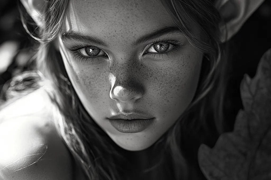 A black and white close-up portrait of a young woman with freckles and pointed ears, suggestive of an elf-like appearance.  Her intense gaze meets the viewer directly.  Soft light illuminates her face, highlighting her features.  Dark, out-of-focus foliage is visible in the background. The overall mood is mysterious and captivating.