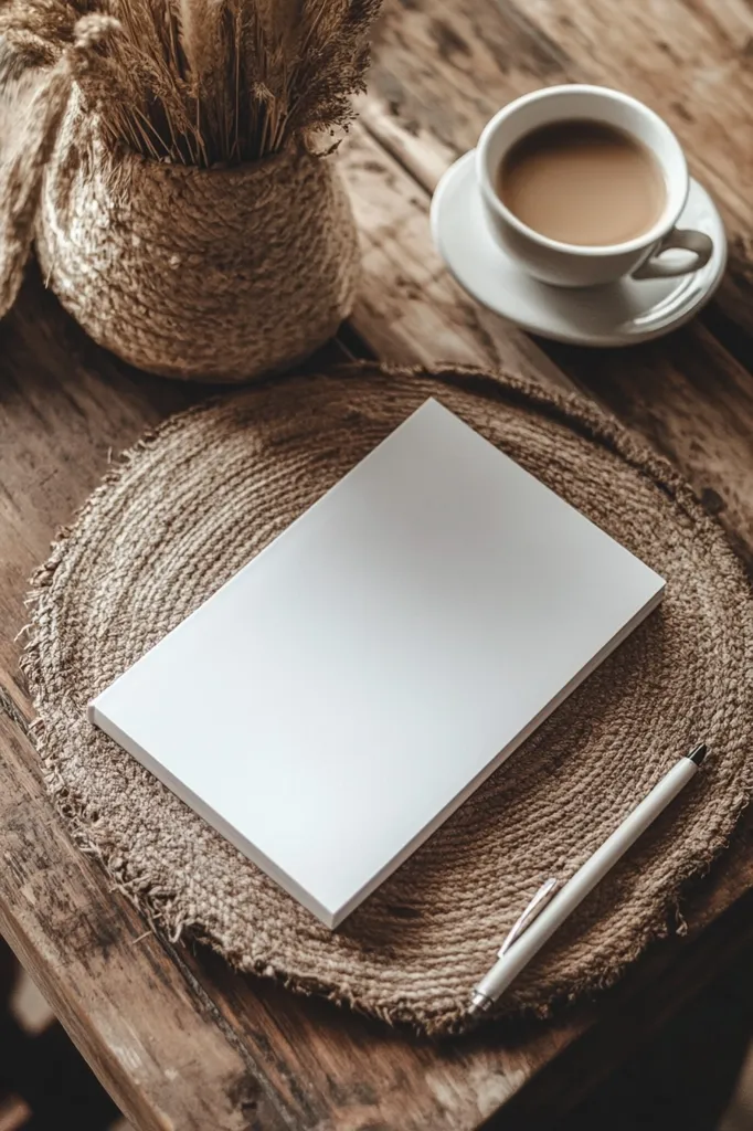 A blank white notebook rests on a rustic jute coaster, next to a cup of coffee and a pen.  Dried wheat stalks sit in a woven basket in the background. The scene is set on a weathered wooden table, creating a warm and inviting aesthetic, perfect for journaling or writing.  The overall mood is calm and cozy.