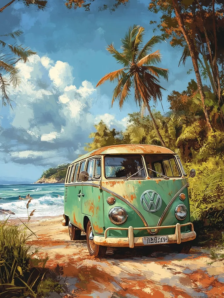 A vintage, teal Volkswagen bus, showing signs of rust, sits on a sandy beach under a vibrant blue sky.  Palm trees sway gently in the background, framing the ocean where small figures are visible in the waves. The scene evokes a feeling of carefree summer adventure and nostalgic travel.  The paint style is impressionistic, giving the image a slightly dreamy quality.