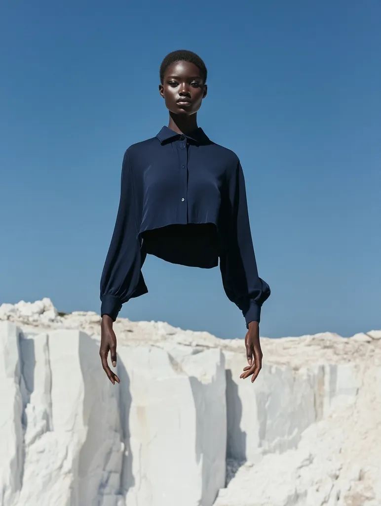 A dark-skinned woman with short hair floats mysteriously against a bright blue sky. She wears a cropped, navy blue button-down shirt with billowing sleeves.  Her hands hang down, and the background is a stark contrast of large, white, quarry-like stone blocks. The image is striking and surreal.