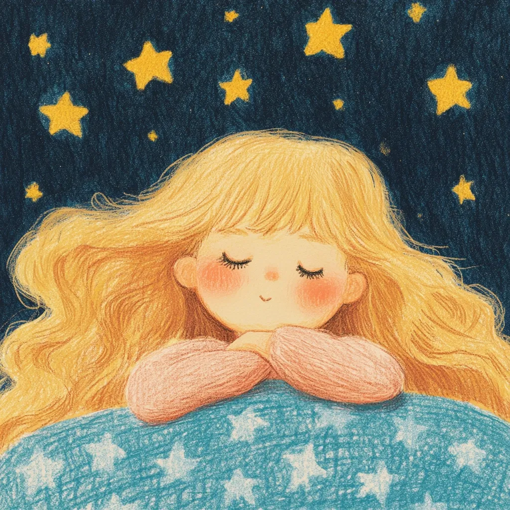 A whimsical illustration depicts a young girl with long, blonde hair peacefully asleep.  Her eyes are closed, and her hands are gently clasped under her chin. She rests on a teal blanket adorned with small, white stars, mirroring the larger golden stars twinkling in the dark blue night sky above her. The soft, textured style evokes a feeling of warmth and tranquility.