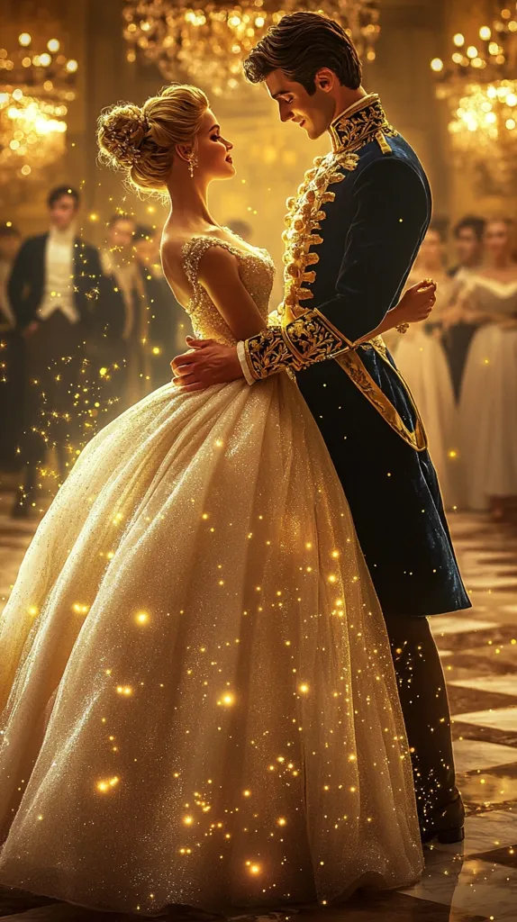 A prince and princess embrace at a glittering ball.  She wears a magnificent gold gown shimmering with light, he a rich dark blue uniform.  The ballroom is opulent, filled with elegantly dressed guests and sparkling chandeliers.  Magical golden dust surrounds them, enhancing the romantic and fairytale atmosphere.  Their eyes meet in a tender gaze, capturing the essence of a perfect moment.