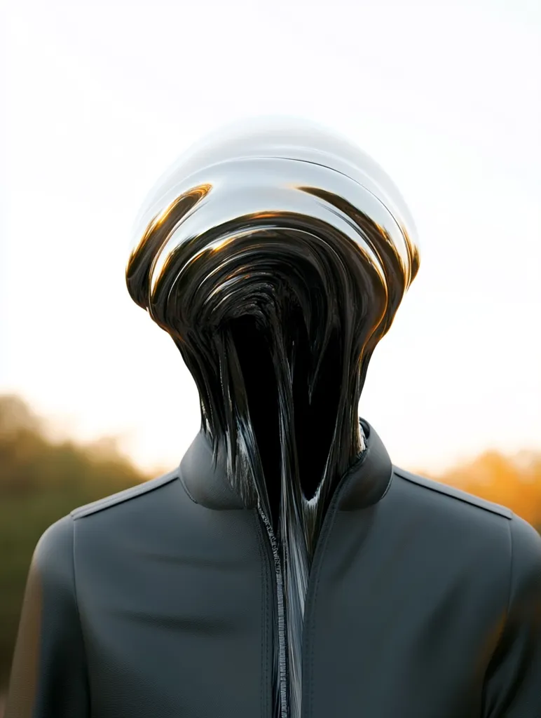 A digital rendering depicts a figure wearing a black jacket.  The head is replaced by a flowing, metallic substance, appearing liquid yet solid, with a reflective, silver-grey top transitioning to a darker, almost black, viscous stream that descends to the jacket's collar.  The background is a blurred natural landscape, suggesting an outdoor setting.  The overall mood is futuristic and somewhat unsettling.