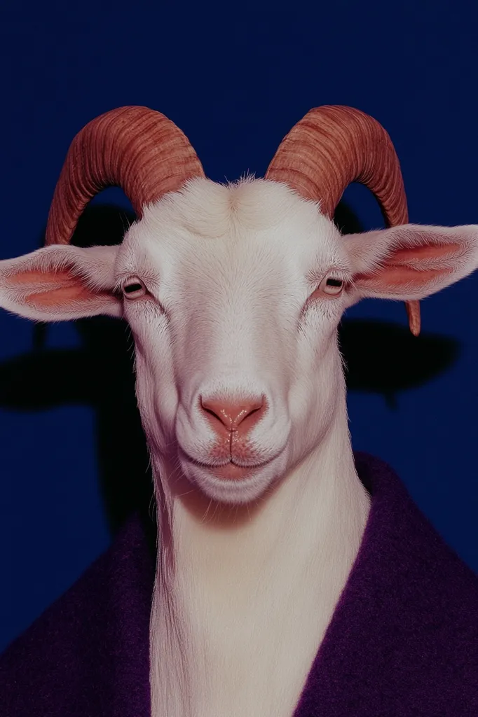 A white goat with large, curved horns is the focus of a close-up portrait against a deep blue background.  The goat's expression is serene, and it wears a deep purple robe-like garment draped around its neck and shoulders. The image has a slightly surreal, artistic quality due to the lighting and the goat's attire.