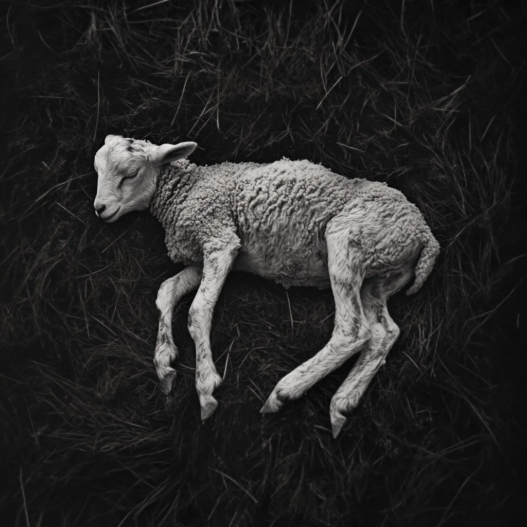 A newborn lamb lies peacefully on a bed of dark, dry grass.  Its fluffy white wool contrasts sharply with the dark background. The lamb is curled slightly, its legs extended. The monochrome image emphasizes the lamb's delicate features and peaceful slumber. The overall mood is serene and evokes a sense of vulnerability and new life.