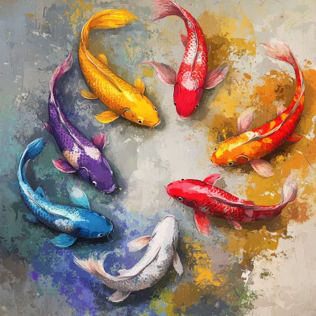 A vibrant painting depicts seven Koi fish arranged in a circle on a textured background.  Each fish displays a different, bold color: red, orange, yellow, purple, blue, and white, creating a visually striking and harmonious composition. The artist's style is painterly, with visible brushstrokes contributing to the overall texture and energy of the piece.