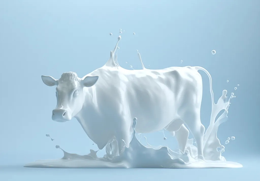 A 3D rendering depicts a cow sculpted from white liquid, seemingly milk.  The cow is positioned dynamically, with splashes and droplets of the liquid surrounding it, suggesting movement. The background is a pale blue, providing a clean, minimalist setting that emphasizes the creamy white cow form. The image is clean, modern, and evocative of dairy products.