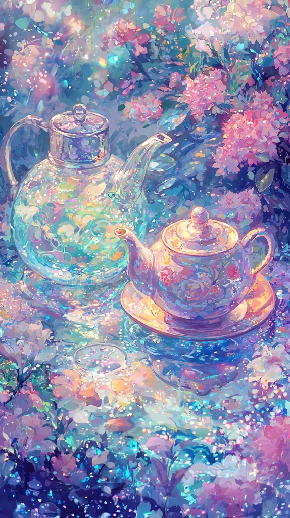 A whimsical illustration depicts two teapots amidst a vibrant floral setting.  One teapot is clear, revealing iridescent details, while the other is a pastel-toned, floral-patterned design. Both rest on a shimmering surface, surrounded by luminous flowers and sparkling particles, creating a magical, dreamlike atmosphere.  The overall style is soft, ethereal, and highly stylized.
