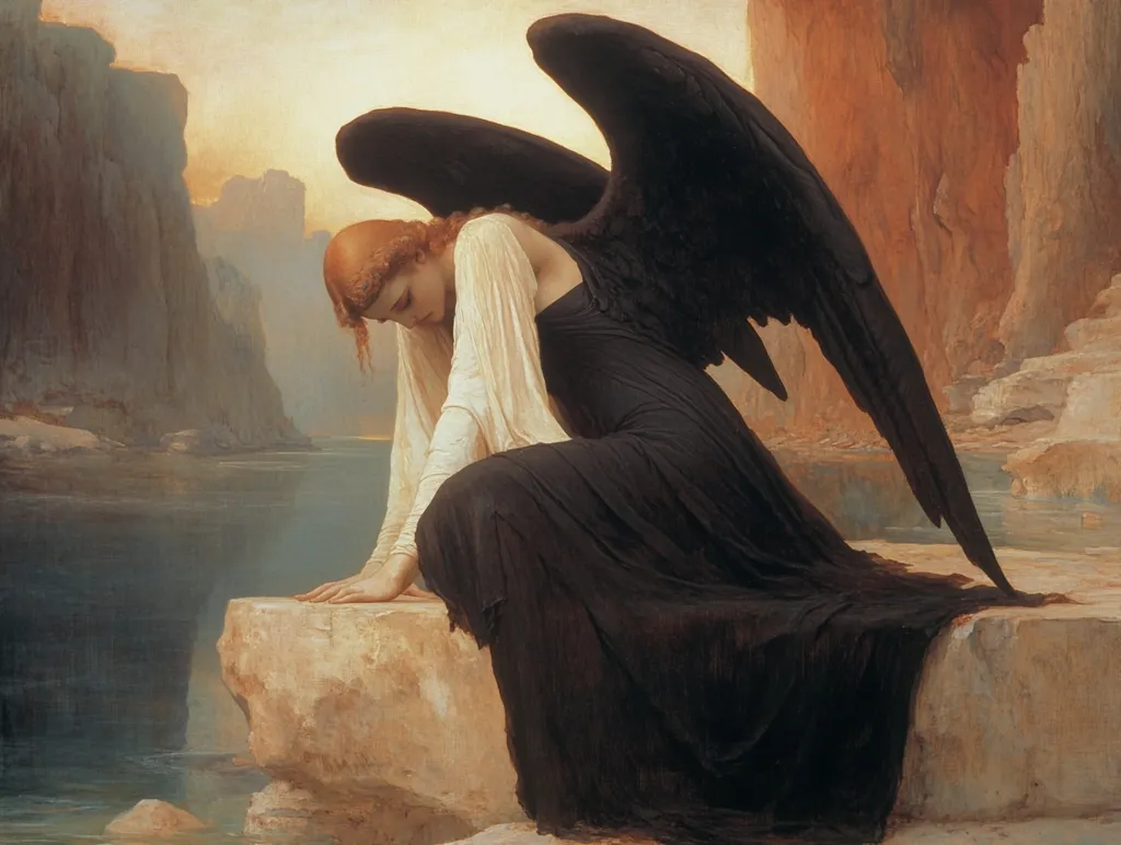 The painting depicts a melancholic angel with large, dark wings, dressed in a flowing black robe. She sits hunched over on a rock overlooking a tranquil body of water nestled between towering cliffs. The soft light suggests either dawn or dusk, adding to the somber mood. Her posture and the overall atmosphere evoke a sense of sorrow and contemplation. The dramatic landscape complements the angel's emotional state, creating a powerful visual narrative.