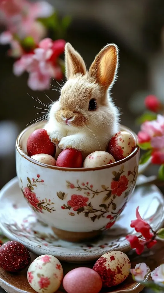 A fluffy brown bunny sits nestled in a floral teacup filled with colorful Easter eggs.  The charming scene is enhanced by a delicate saucer and blooming pink flowers, creating a sweet and festive Easter image.  The bunny's soft fur and the vibrant eggs contrast beautifully with the teacup's pastel design.