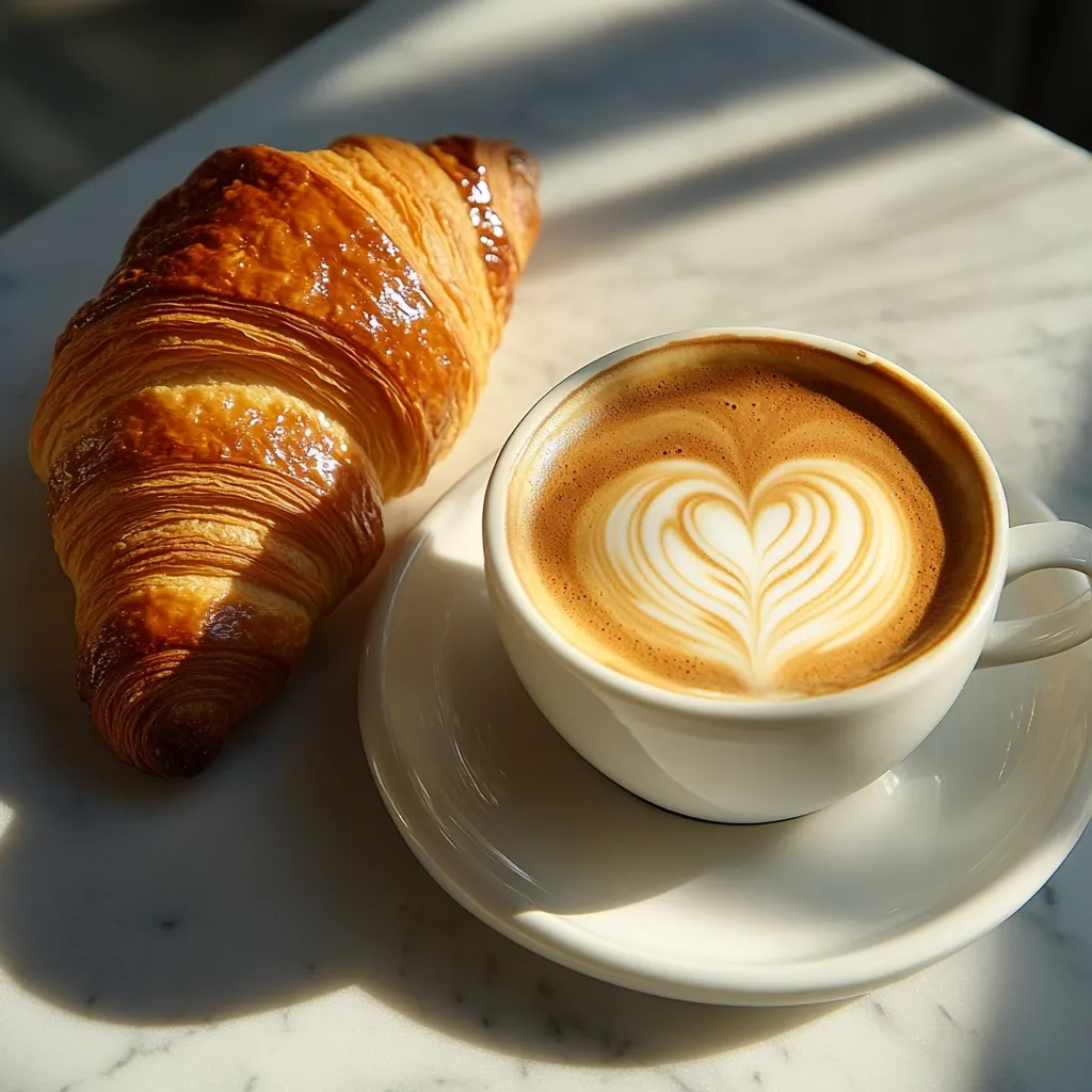 A perfectly baked croissant rests beside a cup of latte art coffee on a marble table.  Sunlight streams across the scene, highlighting the golden-brown hues of the pastry and the creamy texture of the latte's heart-shaped design.  The simple elegance suggests a tranquil café setting.
