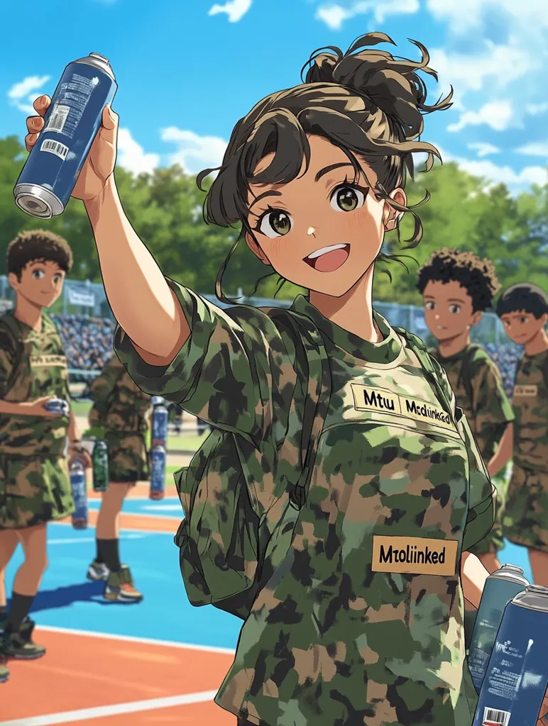 A cheerful anime girl with brown hair in a high ponytail holds a spray can aloft.  She's wearing a camouflage shirt with "Mtolinked" patches, a backpack, and smiling brightly.  Other uniformed figures stand in the background on a brightly colored court, suggesting a school or training setting.  The scene is vibrant and sunny, with a lively atmosphere.