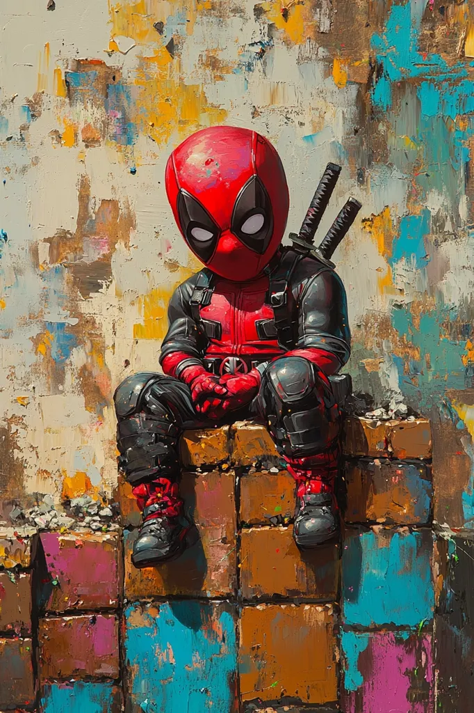 A stylized painting depicts a chibi Deadpool sitting on a low brick wall.  The Deadpool figure is small and cute, contrasting with the textured, expressive background of graffiti-like paint splatters in warm and cool tones.  The artist uses a palette knife technique, creating a thick, impasto effect.  Deadpool's katana is visible behind him, adding to the character's usual depiction. The overall mood is one of quiet contemplation against a vibrant, urban backdrop.