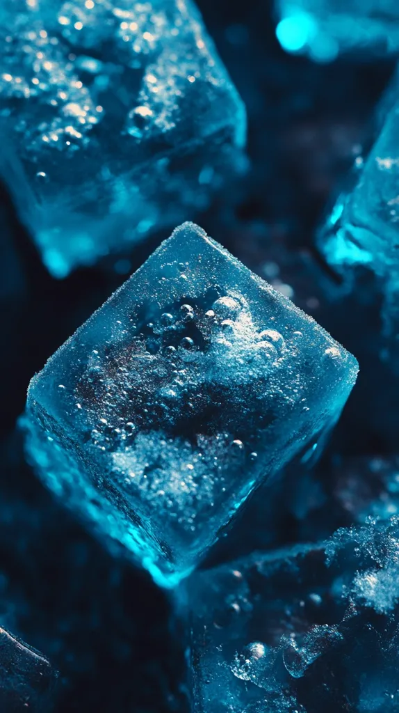 A close-up shot reveals a cluster of vibrant blue ice cubes, their surfaces shimmering with trapped air bubbles.  The ice's translucent nature allows for the subtle interplay of light and shadow, creating a cool and captivating image. The dark background accentuates the ice's luminous quality, emphasizing its intricate texture.  The overall effect is one of icy coolness and mesmerizing beauty.