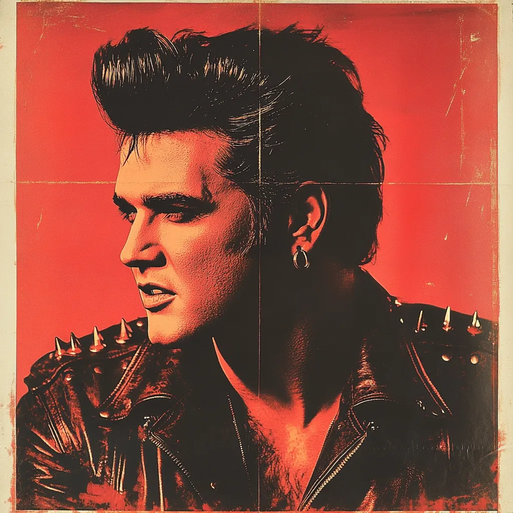 A stylized portrait of a man with a pompadour hairstyle, wearing a studded leather jacket.  The image is in a vintage, possibly grunge style, with a red-orange color palette and a distressed texture suggesting an aged poster or photograph. His expression is serious, and he is looking off to the side. The overall feel is reminiscent of 1950s rock and roll or a modern homage to that era.