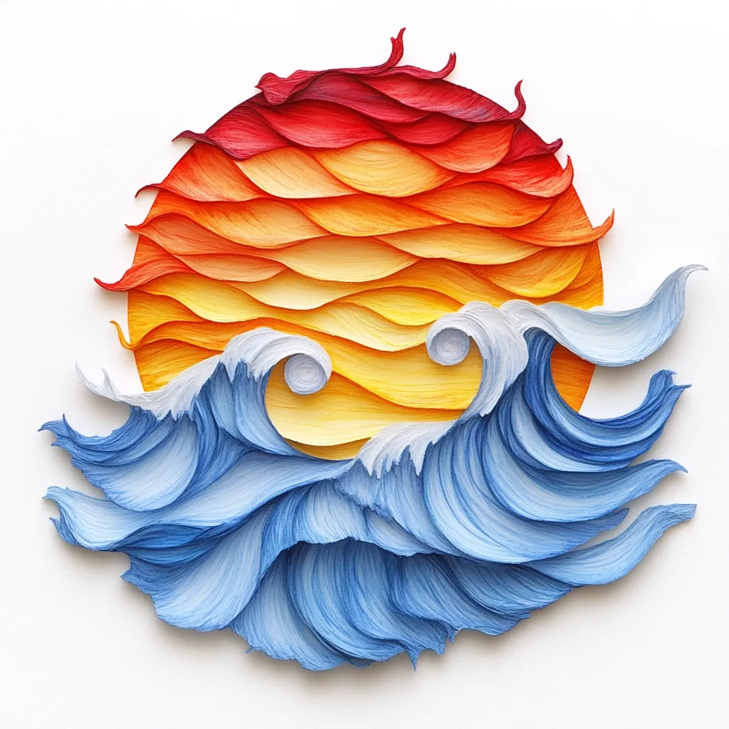 A captivating paper sculpture depicts a sunset over crashing ocean waves.  The sun is rendered in warm hues of red, orange, and yellow, its layered paper creating a textured, fiery effect.  Below, blue and white waves surge, their form equally detailed and dynamic, showcasing the artist's skill in creating three-dimensional texture from paper. The contrast between the fiery sunset and the cool ocean creates a powerful visual narrative.