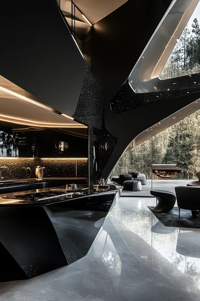A modern kitchen with a black, angular island dominates the scene.  The sleek design features a dark, glittering countertop and backsplash, illuminated by subtle gold lighting.  Large windows offer a panoramic view of a wooded landscape beyond, contrasting the sharp interior lines with the natural exterior. The overall aesthetic is dark, luxurious, and strikingly contemporary.